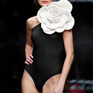 Bodysuit, One Shoulder, Black with White Flower